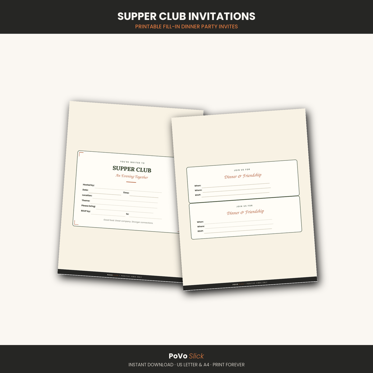 Supper Club Printable Invitations — Fill-In Dinner Party Invites (PDF)