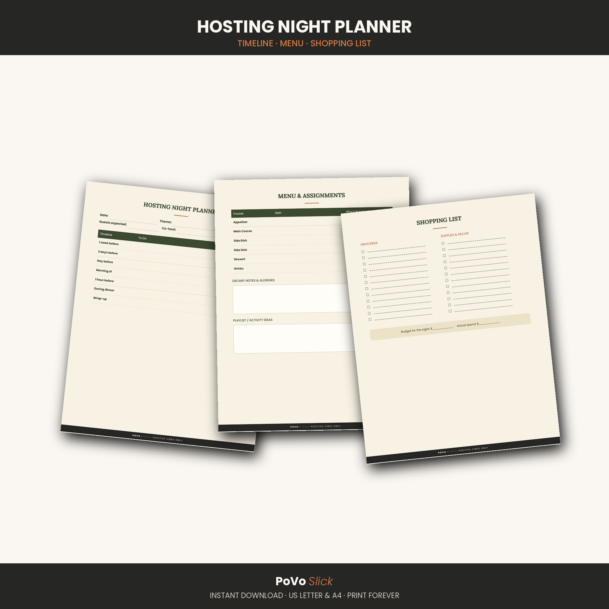 Supper Club Hosting Night Planner — Menu, Timeline & Shopping List (PDF)