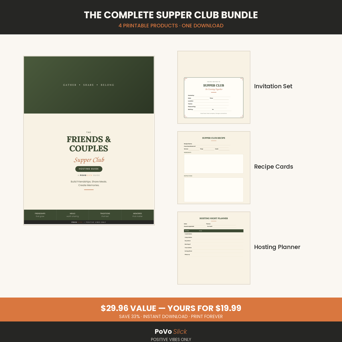 The Complete Supper Club Bundle — Hosting Guide + Invitations + Recipe Cards + Planner